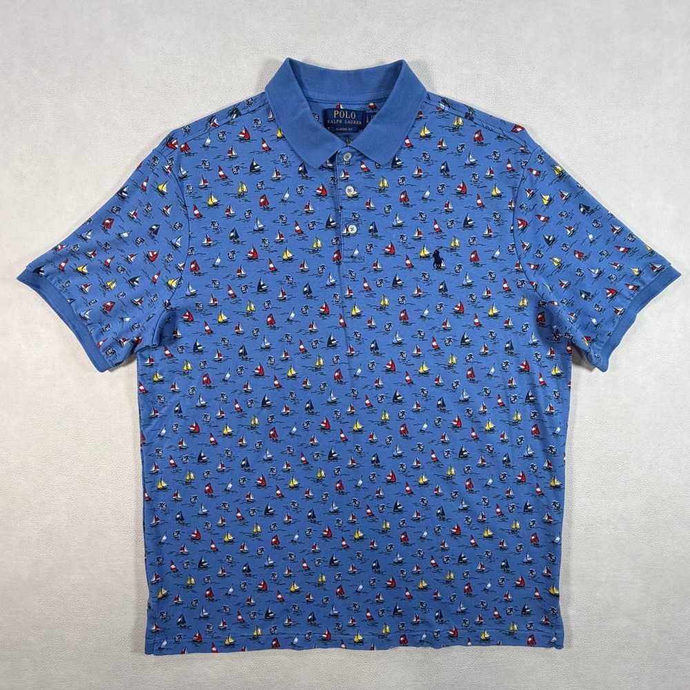 Polo Ralph‎ Lauren Mens Large Blue Sailboat Nautical Polo Shirt Classic Fit L